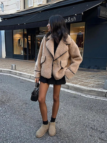 Μπουφάν με πέτο μαλλί για γυναίκες Με μακρυμάνικο χοντρό παλτό ζεστό τσεπάκι 2023 Φθινοπωρινή χειμερινή μόδα Γυναικεία ρούχα στο δρόμο