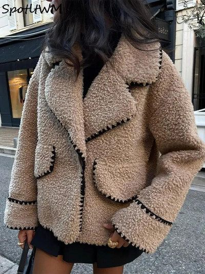Дамско яке с вълнени смеси с ревери, удебелено топло палто с джоб с дълги ръкави 2023 Есенно-зимна мода Дамски улични дрехи