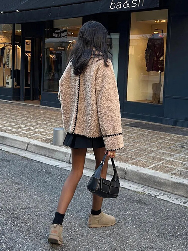 Jachetă din amestec de lână cu rever pentru femei, cu mâneci lungi, haină caldă de buzunar, toamnă iarnă 2023, îmbrăcăminte de stradă pentru femei