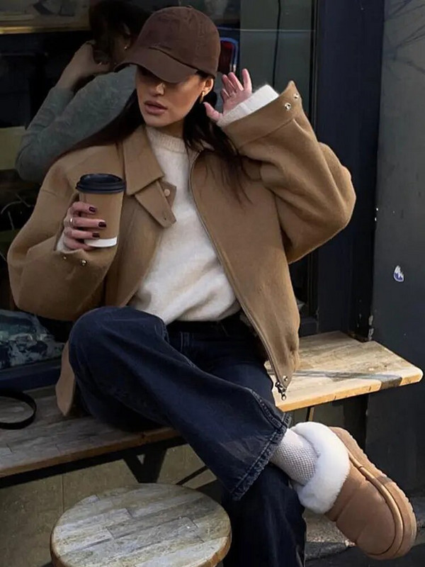 Alkalmi, tömör, egysoros, rövid kabát, elegáns hajtóka, hosszú ujjú, cipzáras kardigán 2023-as téli Highstreet elegáns női felsőruházat