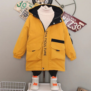 Зимни момчета Топли контрастни поларени якета с качулка Студентски термични дълги палта Детска парка Детски екипи за 3-13 години