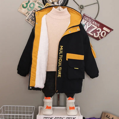 Zimné chlapčenské teplé kontrastné flísové prešívané bundy s kapucňou, študentské termo dlhé kabáty, detská parka, detské oblečenie pre 3-13 rokov