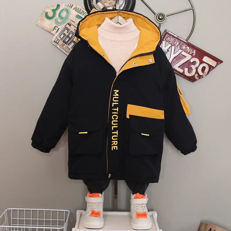 Zimné chlapčenské teplé kontrastné flísové prešívané bundy s kapucňou, študentské termo dlhé kabáty, detská parka, detské oblečenie pre 3-13 rokov