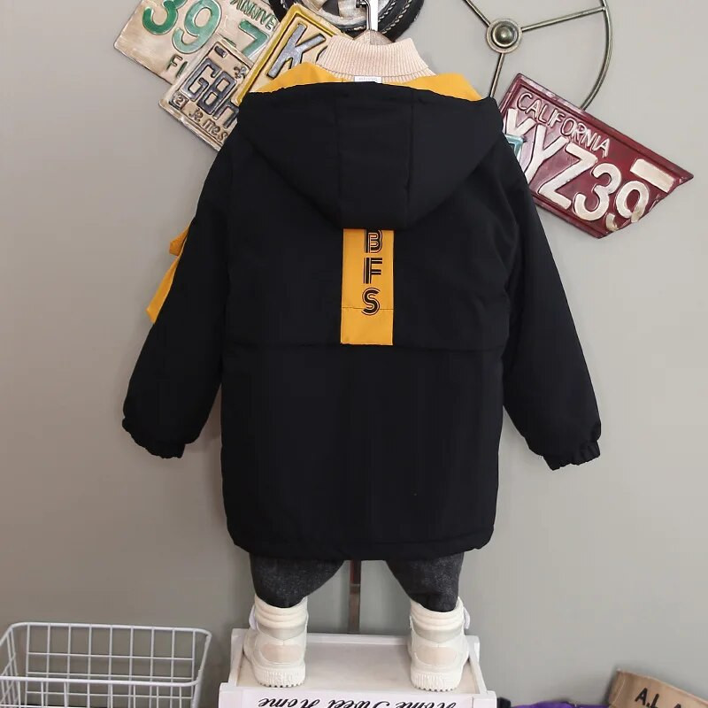 Zimné chlapčenské teplé kontrastné flísové prešívané bundy s kapucňou, študentské termo dlhé kabáty, detská parka, detské oblečenie pre 3-13 rokov
