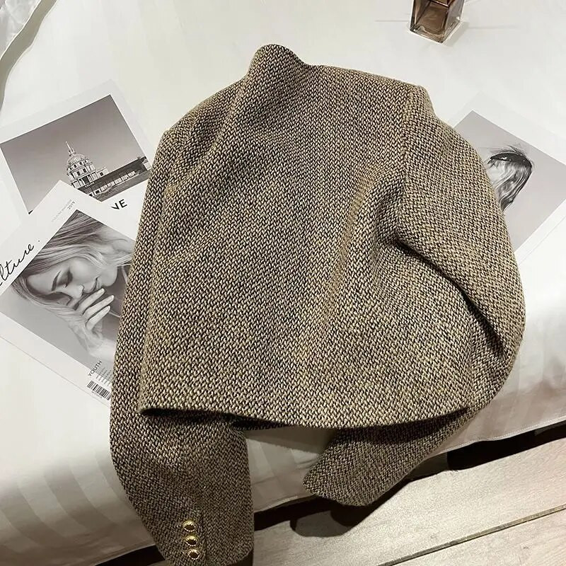 Khaki 2023 Skorý jesenný britský vlnený top kardigan kabát Dámska bunda dámske bundy pre ženy 2023