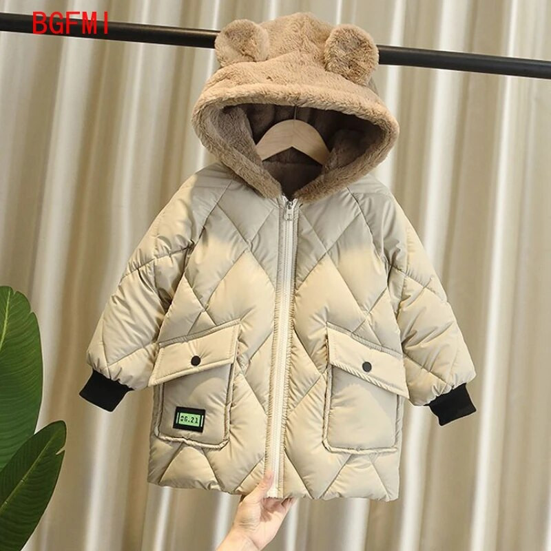 Κορεατικά παιδικά πάρκα για αγόρια Χειμερινά ρούχα για εφήβους Ζεστά παλτό Παχύ μπουφάν με κουκούλα Επιστολή εκτύπωσης Παιδική στολή χιονιού εξωτερικού χώρου