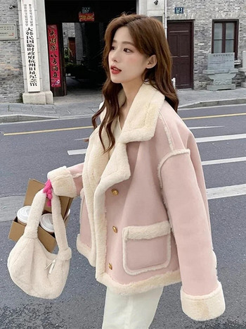 Яке от изкуствена кожа Дамско улично ежедневие Удебелено корейско топло палто Дамско зимно едноцветно шикозно плюшено свободно дамско яке