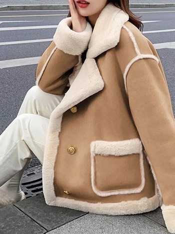 Яке от изкуствена кожа Дамско улично ежедневие Удебелено корейско топло палто Дамско зимно едноцветно шикозно плюшено свободно дамско яке