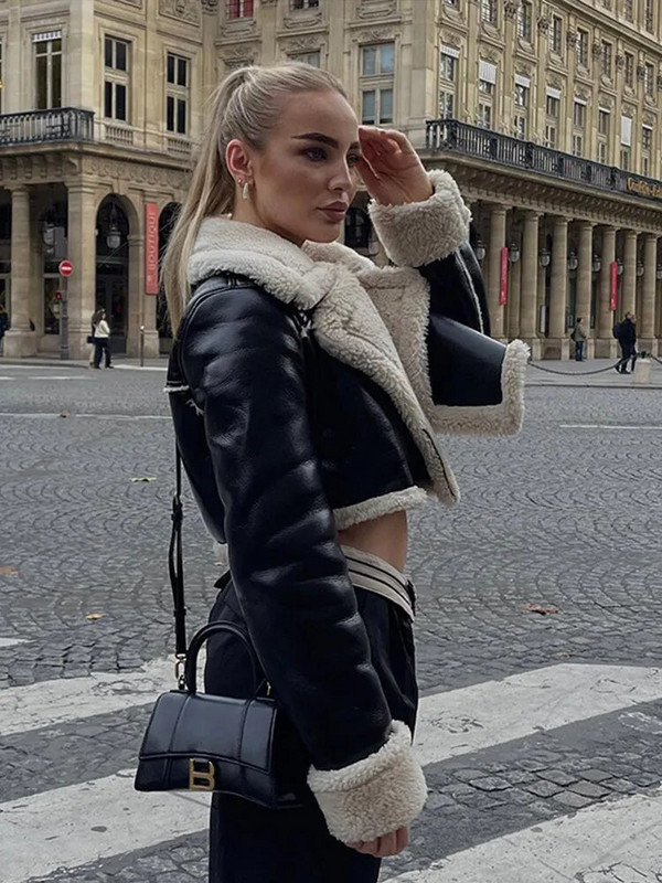 Jachetă din lână de miel cu rever de modă pentru femei Jachetă scurtă cu două fețe, toamnă iarnă, elegantă, fleece pentru femei, Topuri șic, groase