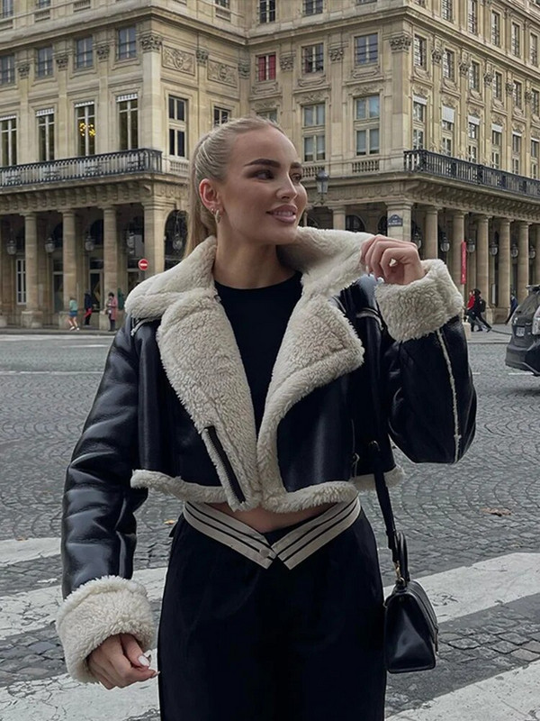 Jachetă din lână de miel cu rever de modă pentru femei Jachetă scurtă cu două fețe, toamnă iarnă, elegantă, fleece pentru femei, Topuri șic, groase