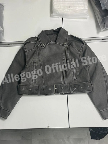 Ailegogo Γυναικεία Vintage Loose Washed Faux Leather Κοντό μπουφάν Streetwear Γυναικεία ζώνη με φερμουάρ Moto Biker Retro Coat outwear μπλουζάκια