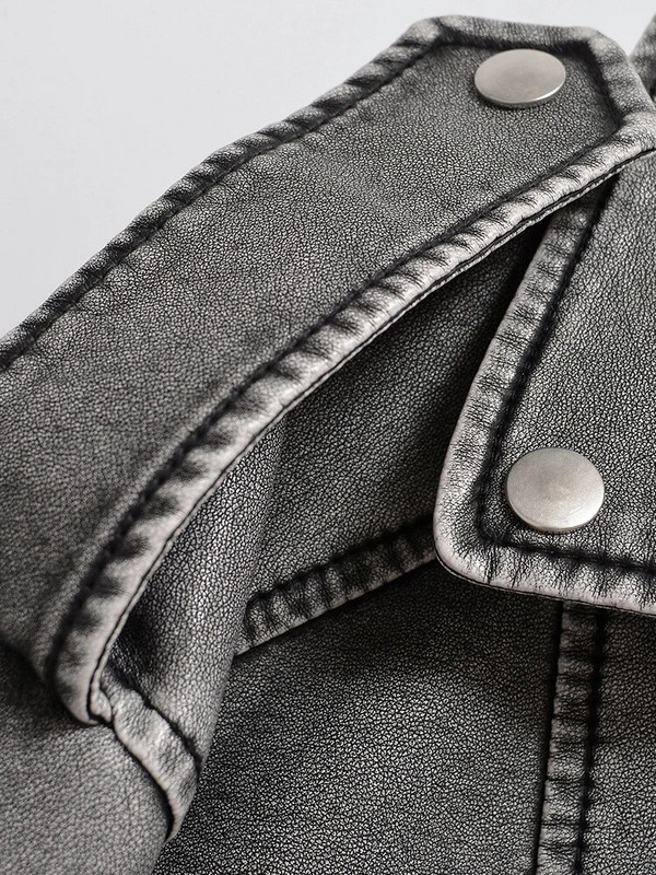 Ailegogo Dámska vintage voľná praná krátka bunda z umelej kože, streetwear, dámsky zipsový opasok, motocykel, retro kabát, vrchné oblečenie