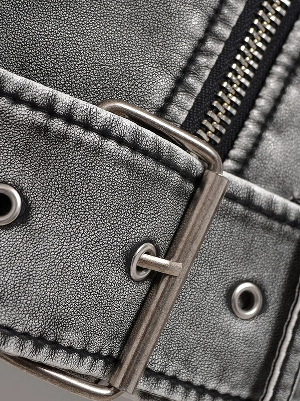 Ailegogo Dámska vintage voľná praná krátka bunda z umelej kože, streetwear, dámsky zipsový opasok, motocykel, retro kabát, vrchné oblečenie