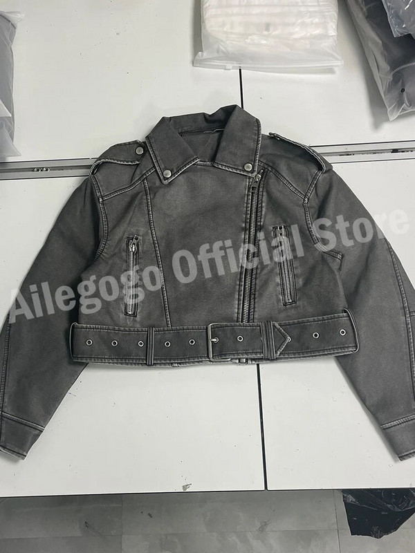 Ailegogo Dámska vintage voľná praná krátka bunda z umelej kože, streetwear, dámsky zipsový opasok, motocykel, retro kabát, vrchné oblečenie