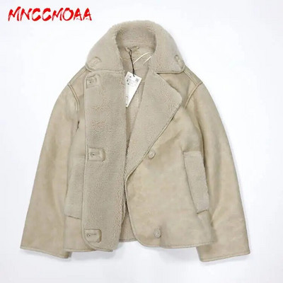 MNCCMOAA 2023 kõrge kvaliteediga talve naiste vintage pikkade varrukatega soe kunstfliisist jope Naiste vabaaja soliidsed taskuga välisriided