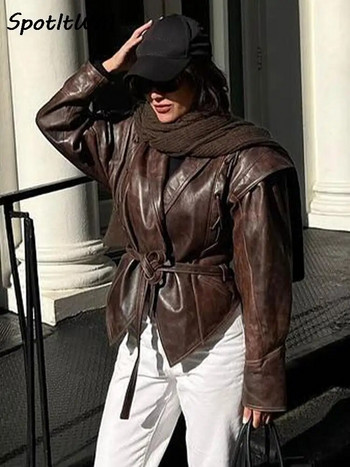 Φθινοπωρινό χειμωνιάτικο τεχνητό δερμάτινο μπουφάν Γυναικεία μόδα Vintage V λαιμόκοψη Γυναικείο παλτό Pu 2023 Κομψά, καθημερινά γυναικεία ρούχα High Street