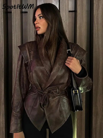 Φθινοπωρινό χειμωνιάτικο τεχνητό δερμάτινο μπουφάν Γυναικεία μόδα Vintage V λαιμόκοψη Γυναικείο παλτό Pu 2023 Κομψά, καθημερινά γυναικεία ρούχα High Street