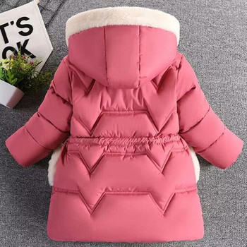 Изпратете ръкавици Ново зимно яке за момичета Топла кожена яка Палто на принцеса с качулка и цип Връхни дрехи Подарък за рожден ден 3-8 години Детски дрехи