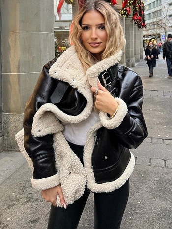 Γυναικείο μπουφάν 2023 Χοντρό ζεστό παλτό από συνθετικό δέρμα Vintage μακρυμάνικο τσεπάκι γυναικεία πανωφόρια κομψά μπλουζάκια