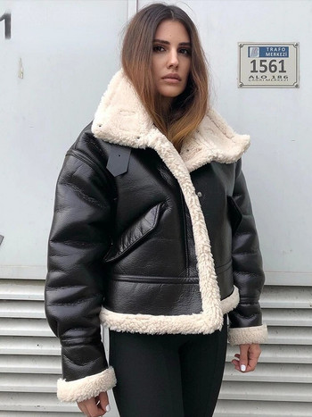2023 Дамско яке Модно дебело топло палто от изкуствена кожа Винтидж Дамско връхно облекло с капак и джоб с дълъг ръкав Шикозни топове