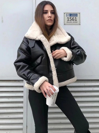2023 Дамско яке Модно дебело топло палто от изкуствена кожа Винтидж Дамско връхно облекло с капак и джоб с дълъг ръкав Шикозни топове