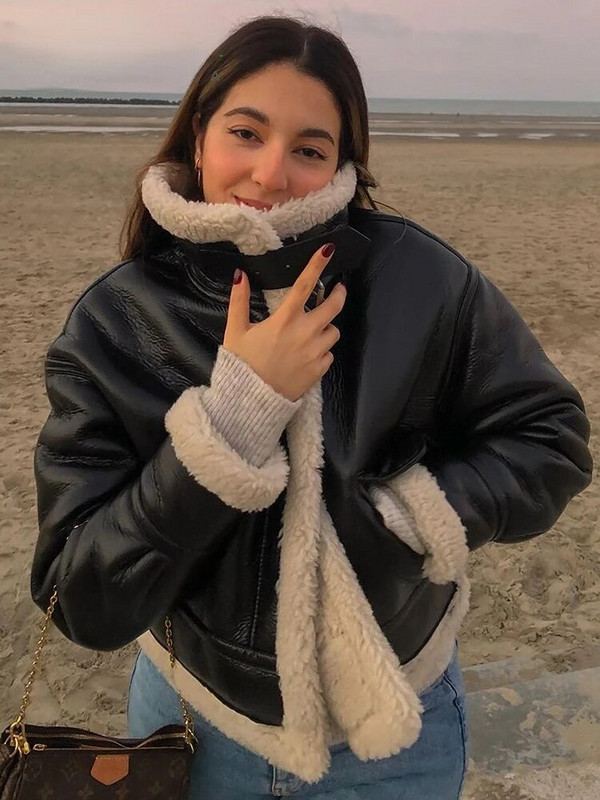 2023. aasta naiste jope, soe, paks, soe kunstnahast mantel Vintage pikkade varrukatega klapitasku, naiste pealisrõivad, stiilsed topid