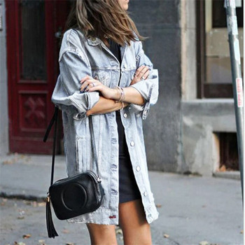 Дамски дълги якета с ревер и пискюл, модни дънкови палта със счупени дупки, ежедневни връхни дрехи, женски улични дрехи