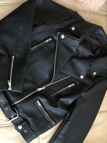Ailegogo Νέα Γυναικεία Ανοιξιάτικα Φθινοπωρινά Μαύρα Συνθετικά Δερμάτινα Μπουφάν Φερμουάρ Basic Coat Turn-down Collar Motor Biker Jacket with Belt