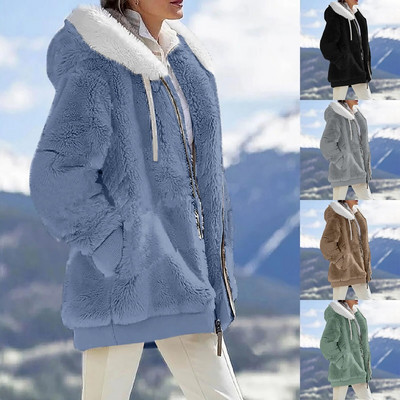 Γυναικείο Fashion Soild Χειμερινό Χαλαρό βελούδινο μακρυμάνικο παλτό με φερμουάρ τσέπη με κουκούλα