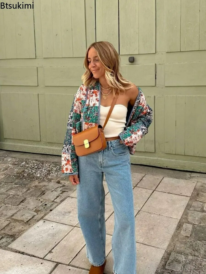 2024 Jachetă caldă ocazională pentru femei, toamnă iarnă, cu imprimeu floral, haină reversibilă din bumbac, cardigan, cu mânecă lungă, jachete de stradă