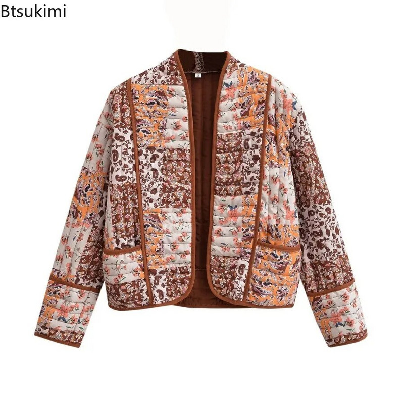 2024 Jachetă caldă ocazională pentru femei, toamnă iarnă, cu imprimeu floral, haină reversibilă din bumbac, cardigan, cu mânecă lungă, jachete de stradă