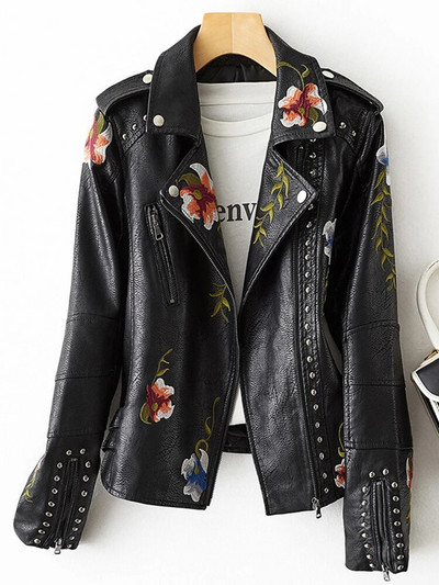 Jachetă din piele moale artificială, broderie cu imprimeu floral retro, haină, guler răsturnat, îmbrăcăminte exterioară punk neagră.