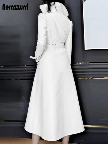 Nerazzurri Spring Runway бял дълъг кожен тренчкот за жени с дълъг ръкав елегантни луксозни модни дамски палта 2021 дизайнер