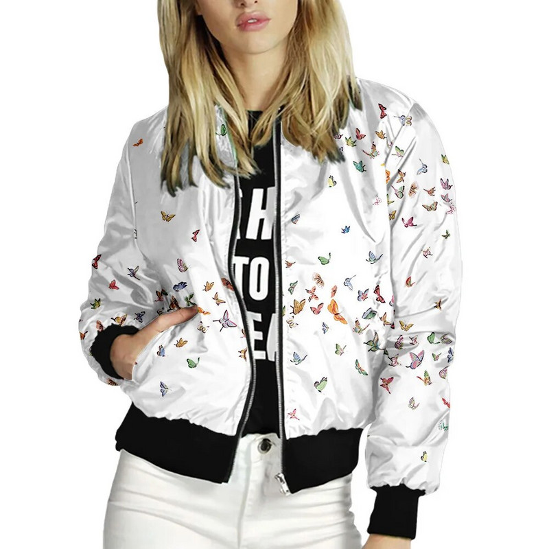 Naiste jakid Retrotrükiga Naistele Tõmblukuga Bomber Outwear Sügistopid pikkade varrukatega lühikesed õhukesed õhukesed vabaaja taskumantlid