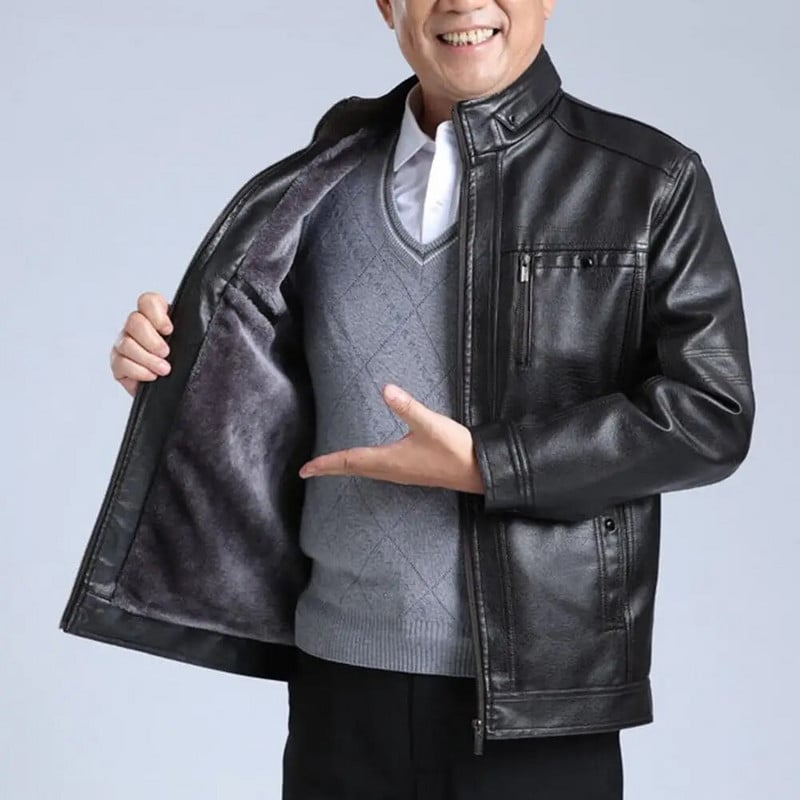 Pánska jesenná bunda, pánska bunda z umelej kože, vetruodolná pánska bunda z umelej kože pre stredný vek so stojatým golierom, mäkkými plyšovými vreckami a zipsom