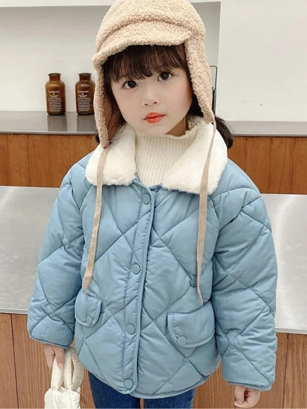 Žiemos mergaitė kūdikiui stora medvilninė striukė triušio kailinė apykaklės paltas trumpas dygsniuotas švarkas berniukui šilti viršutiniai drabužiai vaikams lauke, kasdieniai drabužiai