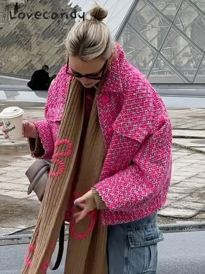Vintage dámske ružové zahustené bundy, jeseň/zima, jednofarebné, s dlhým rukávom, jednoradové kabáty, ležérne módne streetwear kabáty