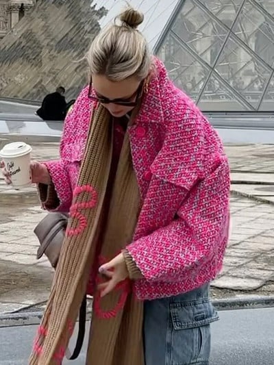 Vintage dámske ružové zahustené bundy, jeseň/zima, jednofarebné, s dlhým rukávom, jednoradové kabáty, ležérne módne streetwear kabáty