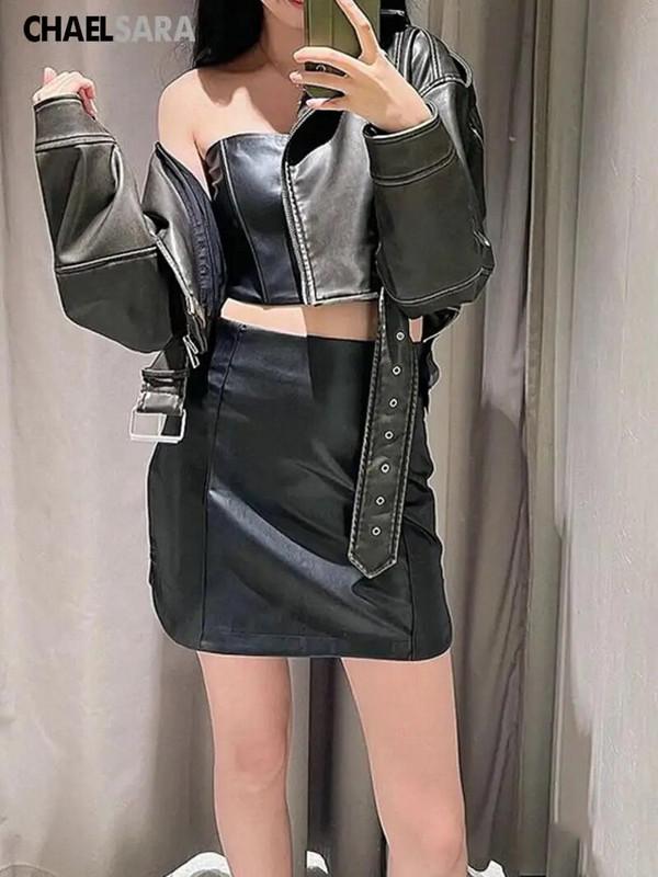 Dámska kožená bunda 2024, nová, s dlhým rukávom a zipsom, s klopou a vreckami, dámska krátka bunda, dámska módna motocyklová kožená bunda