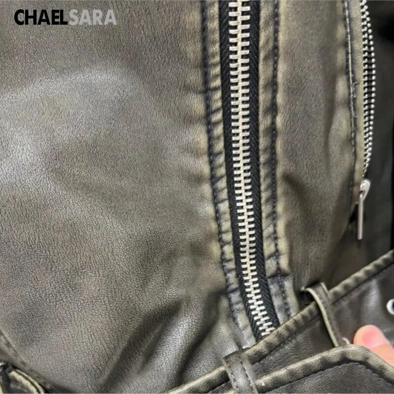 Dámska kožená bunda 2024, nová, s dlhým rukávom a zipsom, s klopou a vreckami, dámska krátka bunda, dámska módna motocyklová kožená bunda