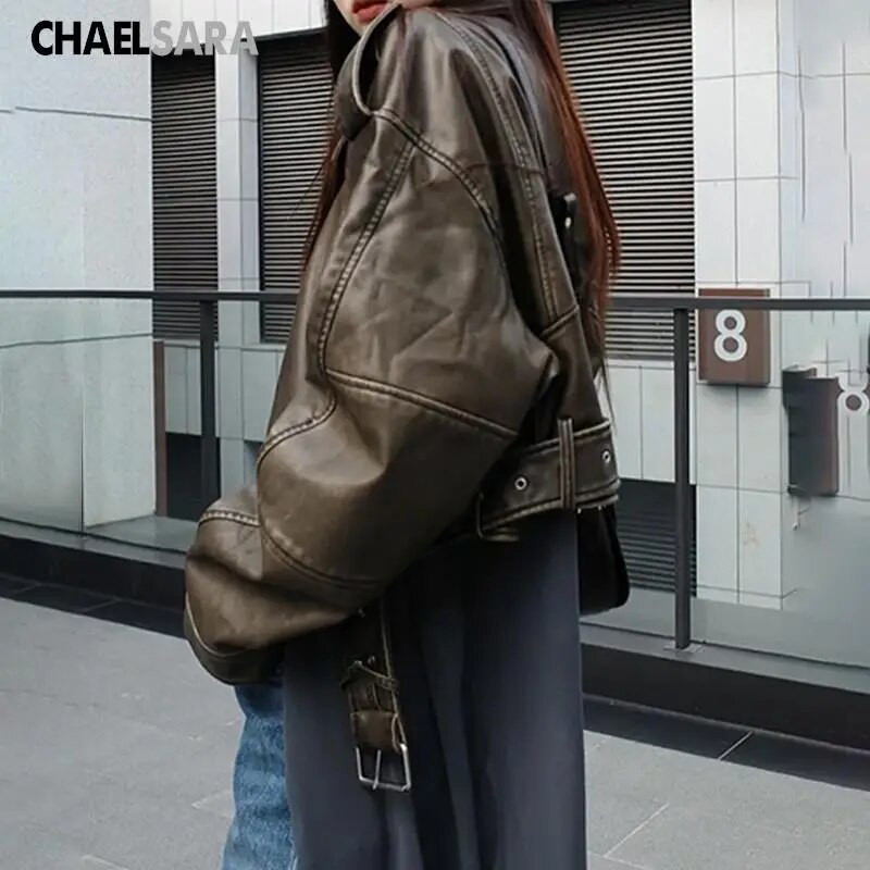 Dámska kožená bunda 2024, nová, s dlhým rukávom a zipsom, s klopou a vreckami, dámska krátka bunda, dámska módna motocyklová kožená bunda