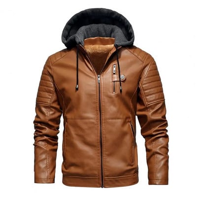 Pánska bunda z fleecovej podšívky s kapucňou z umelej kože, plus veľkosť, motocyklová bunda, motorkársky kabát, jeseň/zima, vetrovka do práce