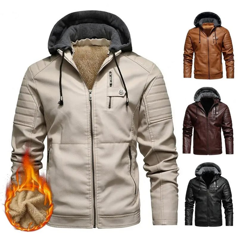 Pánska bunda z fleecovej podšívky s kapucňou z umelej kože, plus veľkosť, motocyklová bunda, motorkársky kabát, jeseň/zima, vetrovka do práce