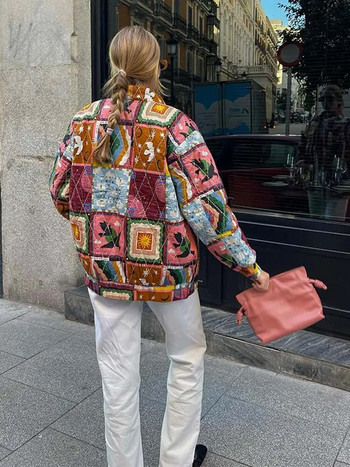2024 Пролетно шик яке с щампа с цип за жени Модни палта с кръгло деколте с дълъг ръкав и джоб Дамско ретро палто от High Street