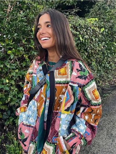 Dámska módna bunda s dlhým rukávom a vreckami s okrúhlym výstrihom a vreckami na jar 2024, elegantná jarná bunda s potlačou a zipsom