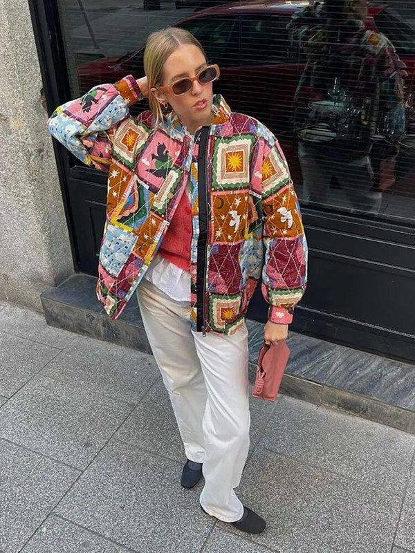 Dámska módna bunda s dlhým rukávom a vreckami s okrúhlym výstrihom a vreckami na jar 2024, elegantná jarná bunda s potlačou a zipsom