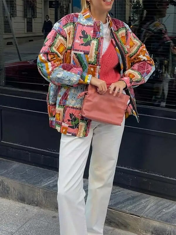 Dámska módna bunda s dlhým rukávom a vreckami s okrúhlym výstrihom a vreckami na jar 2024, elegantná jarná bunda s potlačou a zipsom