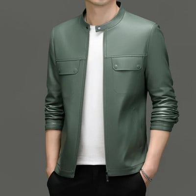 Pánska zimná kožená motocyklová bunda z ovčej kože s golierom na zips, retro zelená, módna ležérna kožená bunda