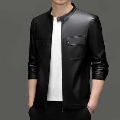 Pánska zimná kožená motocyklová bunda z ovčej kože s golierom na zips, retro zelená, módna ležérna kožená bunda