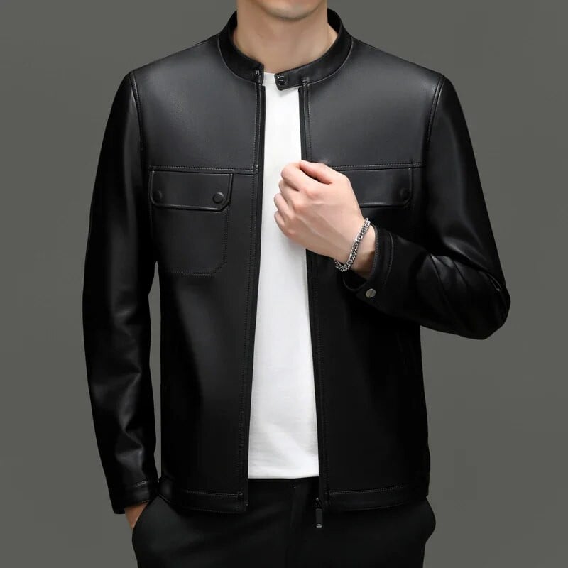 Pánska zimná kožená motocyklová bunda z ovčej kože s golierom na zips, retro zelená, módna ležérna kožená bunda